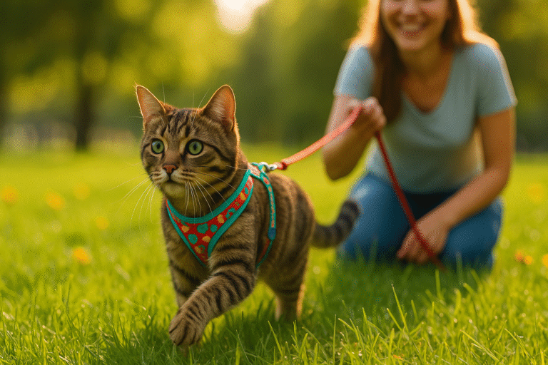 Tabby cat walking on a leash in a park wearing a colorful harness