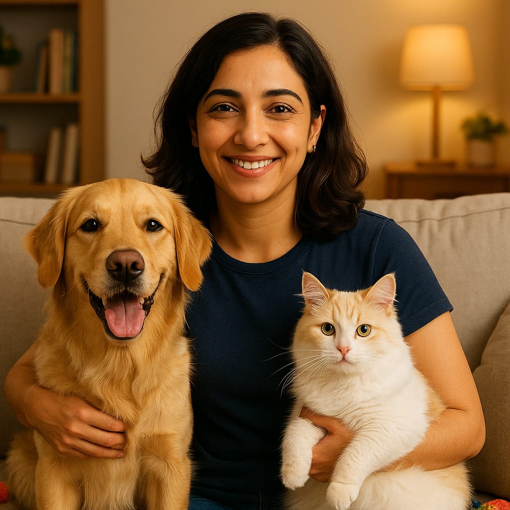Lili Goswami smiling with her pet dog and cat, representing Whisker Tales USA