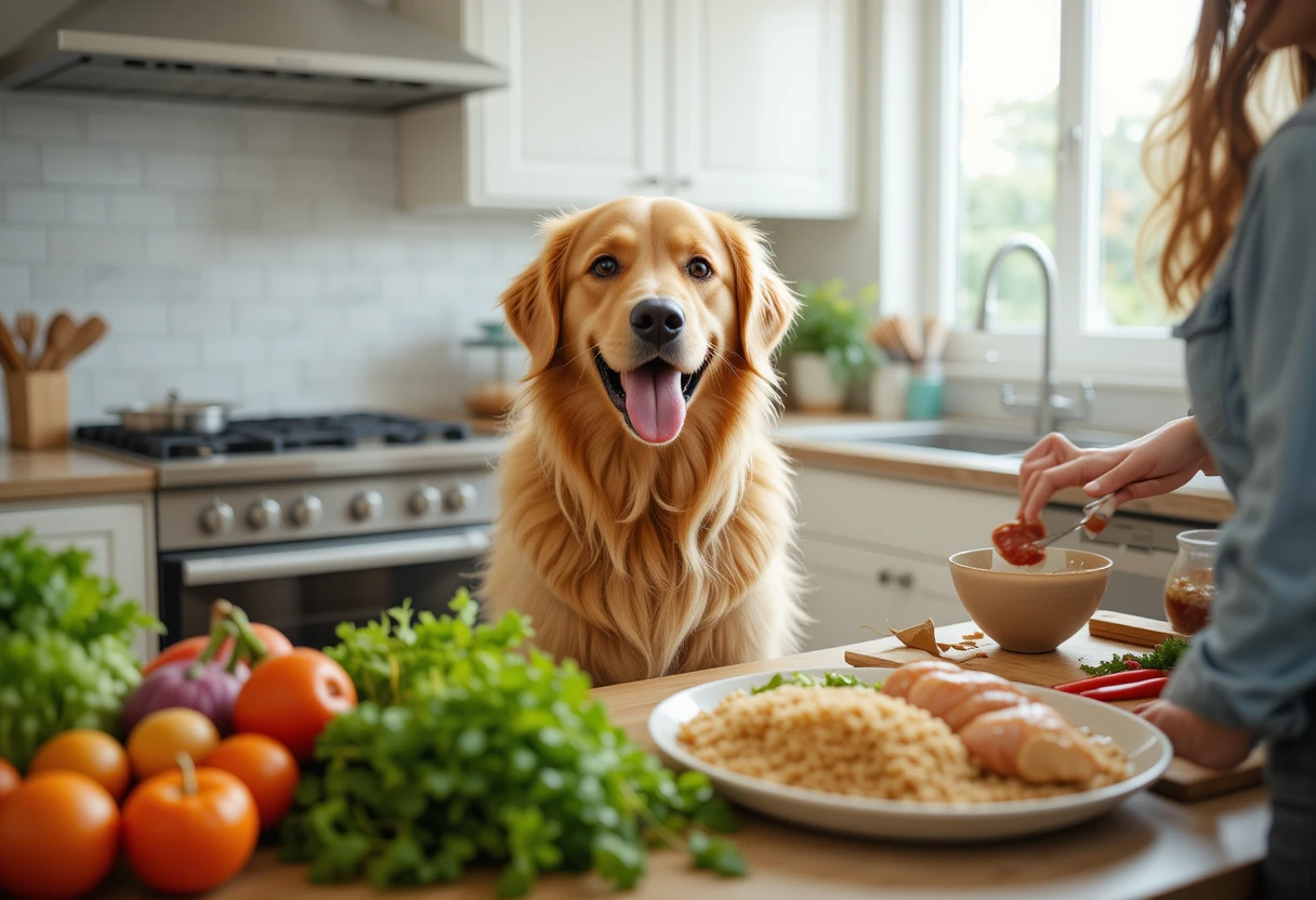 Homemade dog food being prepared in a kitchen with a happy golden retriever watching.