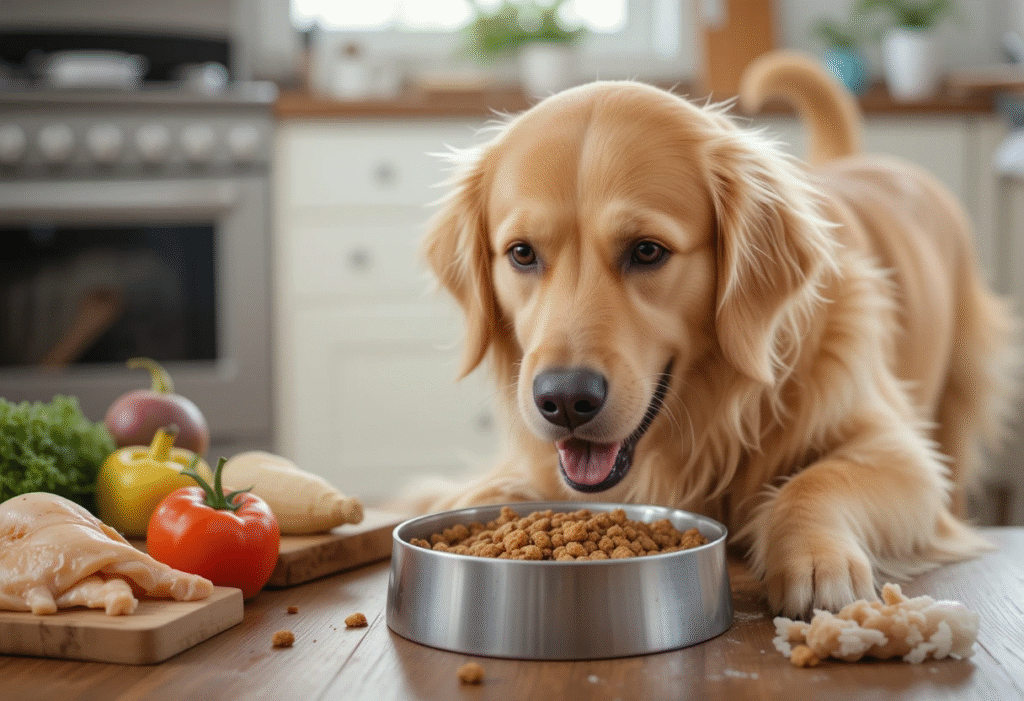 Golden retriever eating homemade dog food with veggies and chicken.
