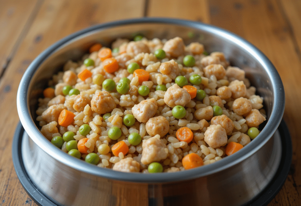 Homemade dog food for Beginners in a bowl with rice, peas, and chicken.