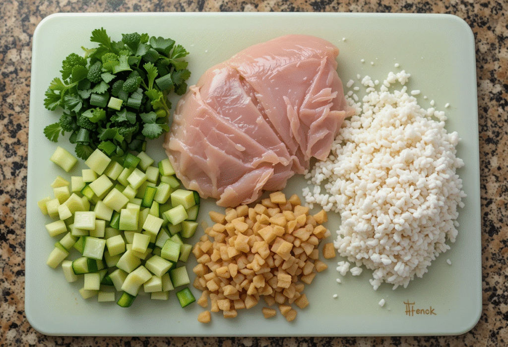 Chopped vegetables and raw chicken prepared for homemade dog food.