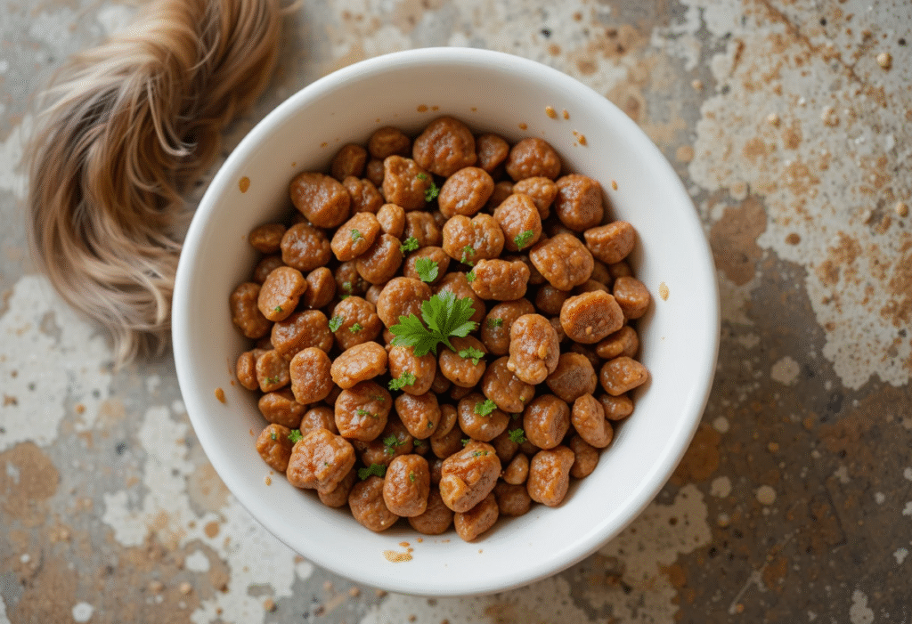 Cooked homemade dog food in bowl with happy dog nearby.