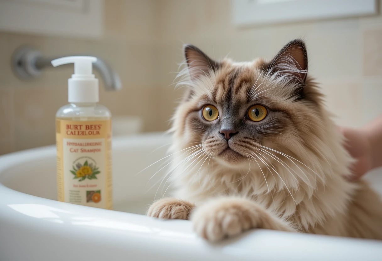 Ragdoll cat getting a bath with Burt's Bees Hypoallergenic Shampoo