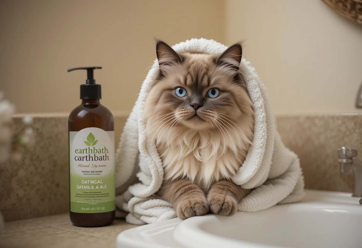 Ragdoll cat after bath with Earthbath Oatmeal & Aloe Shampoo