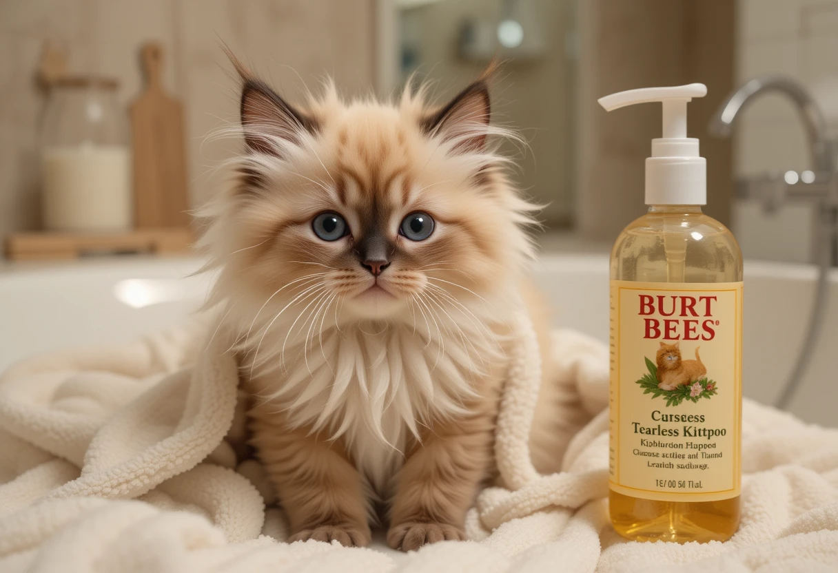 Ragdoll kitten after bath with Burt's Bees Tearless Kitten Shampoo