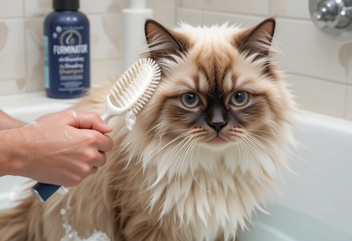 Ragdoll cat with FURminator deshedding shampoo