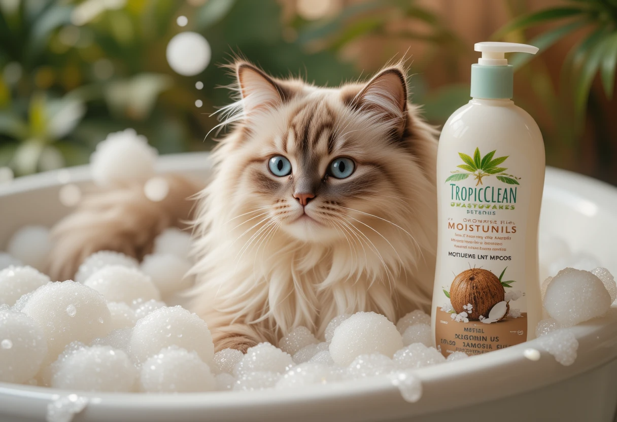 Ragdoll cat bath with TropiClean Hypo-Allergenic Coconut Shampoo