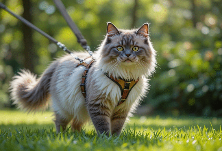 Ragdoll cat wearing a harness while walking in a garden — showing how to harness train a cat.