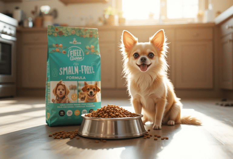 A small dog sitting beside a bowl of grain-free dog food for small breeds in a cozy kitchen setting.
