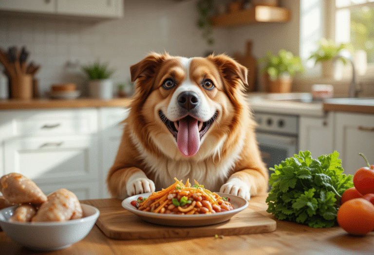 Healthy dog eating homemade nutritious food with fresh ingredients like chicken and sweet potatoes in a bright kitchen.