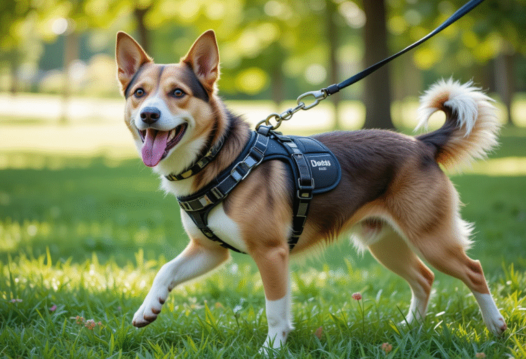 A smart dog wearing the best dog harness for escape artists, enjoying a walk in the park with a secure fit.