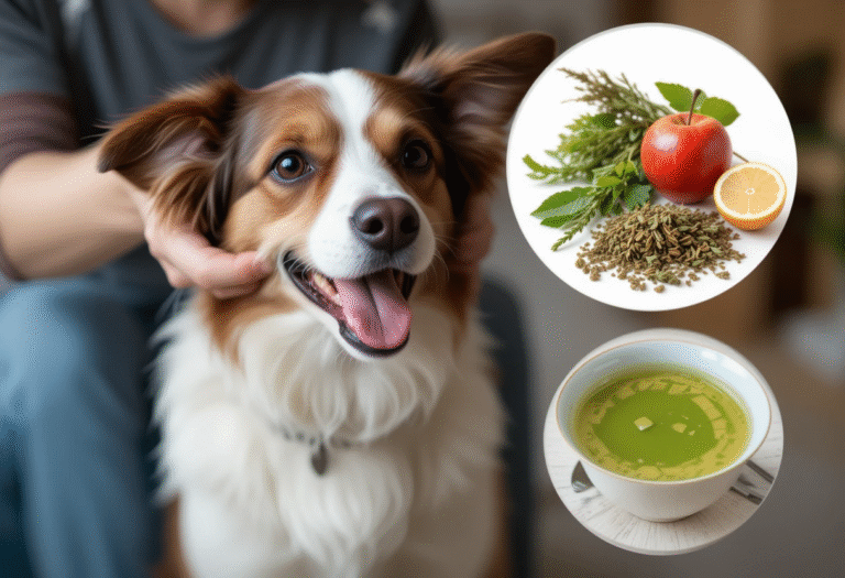 A dog receiving gentle ear care using natural remedies for dog ear infection, including herbal treatments and apple cider vinegar.