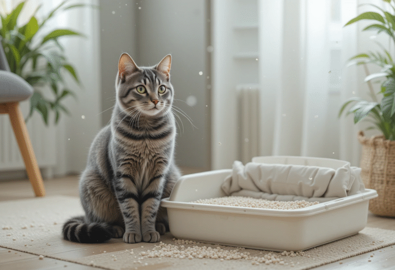 A relaxed cat sitting beside a dust-free litter box – best litter for cats with asthma