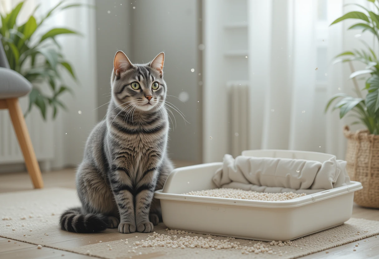 A relaxed cat sitting beside a dust-free litter box – best litter for cats with asthma