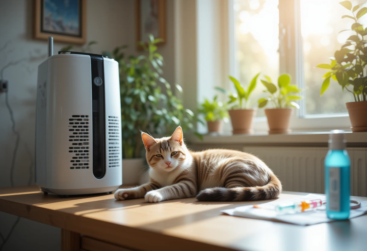 Say Goodbye to Asthma Attacks! Best Litter for Cats with Asthma Today 4 Asthmatic cat resting in a clean home environment with an air purifier