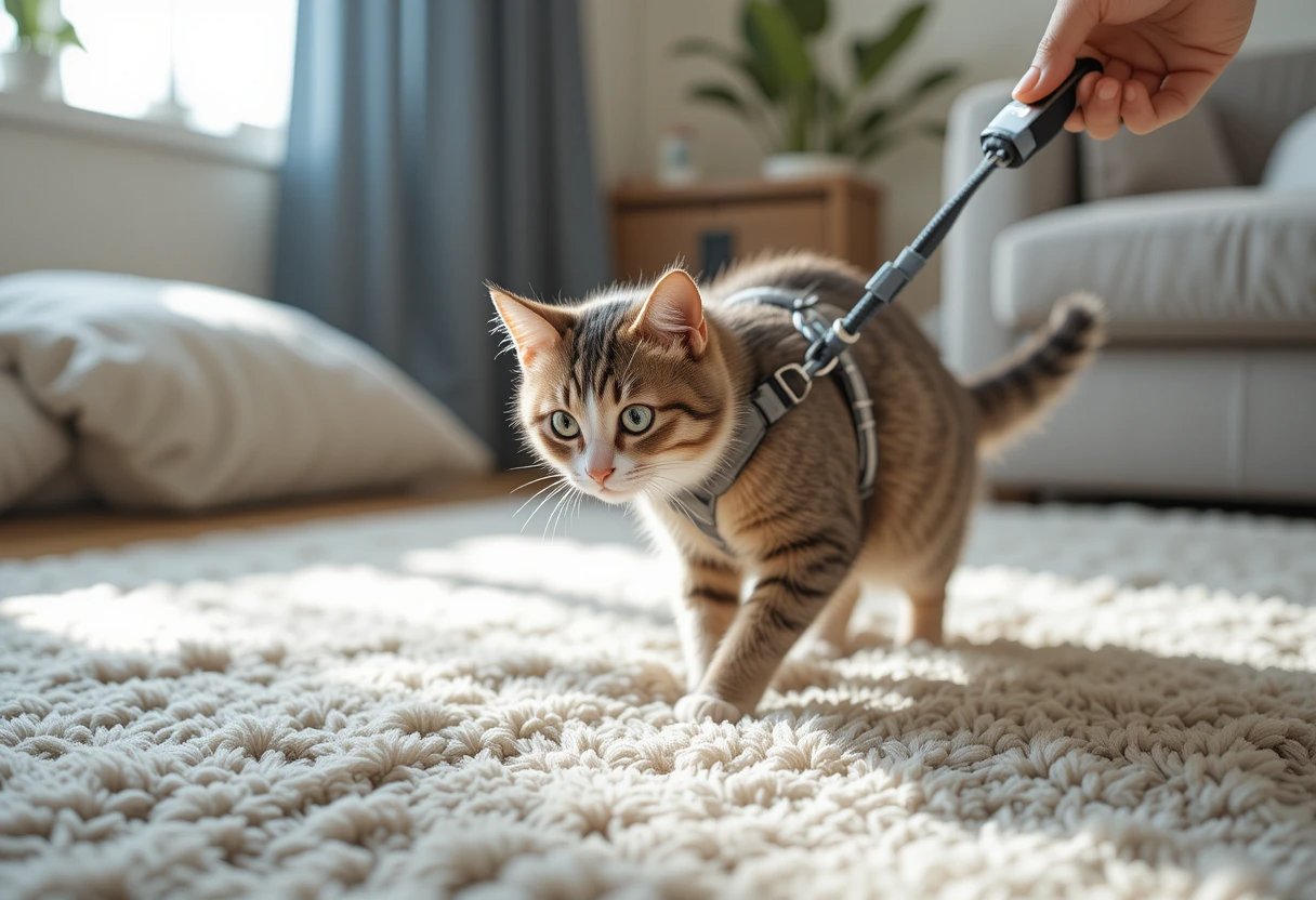 How to Train a Cat to Walk on a Leash – Step-by-Step Guide 3 Cat calmly exploring indoors while wearing a lightweight harness and leash, showing relaxed and curious behavior during leash training.
