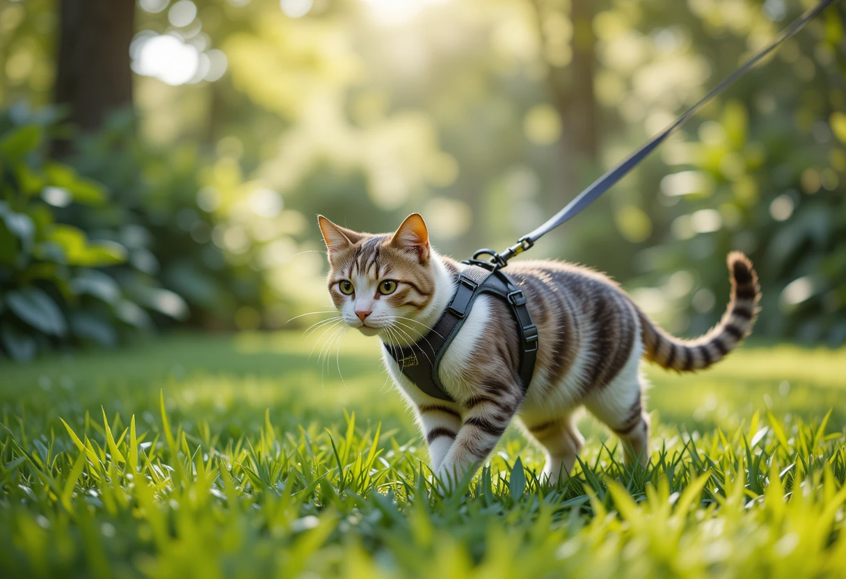 How to Train a Cat to Walk on a Leash – Step-by-Step Guide 4 Cat wearing a comfortable harness exploring a sunny green garden, walking safely on soft grass with a relaxed and curious expression.