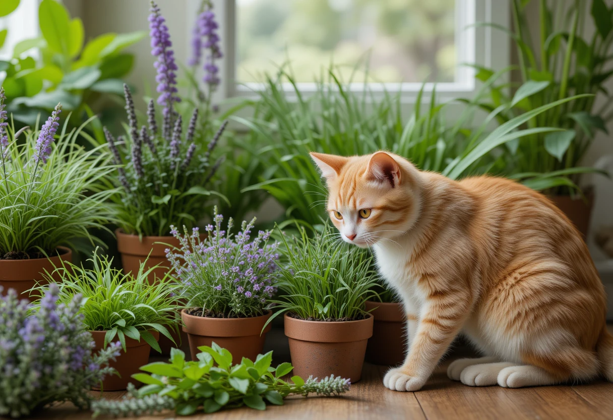 Safe & Green: Non-Toxic Plants for Cats Safe to Eat 4 A playful cat exploring non-toxic plants for cats safe to eat, including cat grass and catnip.