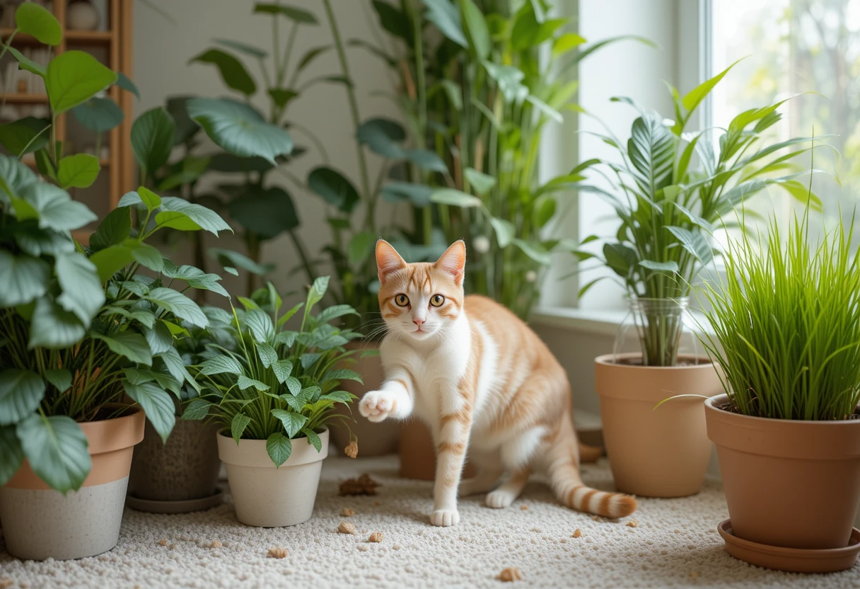 Safe & Green: Non-Toxic Plants for Cats Safe to Eat 6 Indoor plants and a cat grass garden with non-toxic plants for cats safe to eat, placed safely around a curious cat.