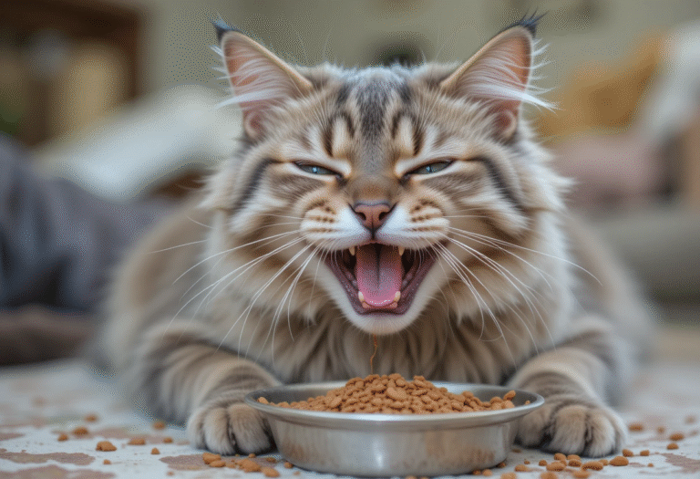 Best wet food for senior cats with dental issues – happy toothless senior cat eating nutritious wet cat food