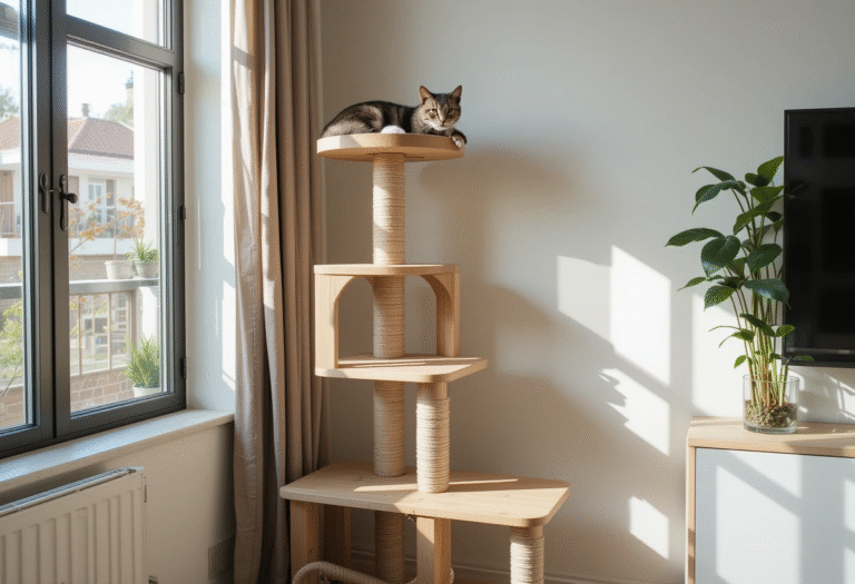A cat sitting on top of a DIY cat tree in a small apartment corner, showcasing one of the best DIY cat tree plans for small spaces.