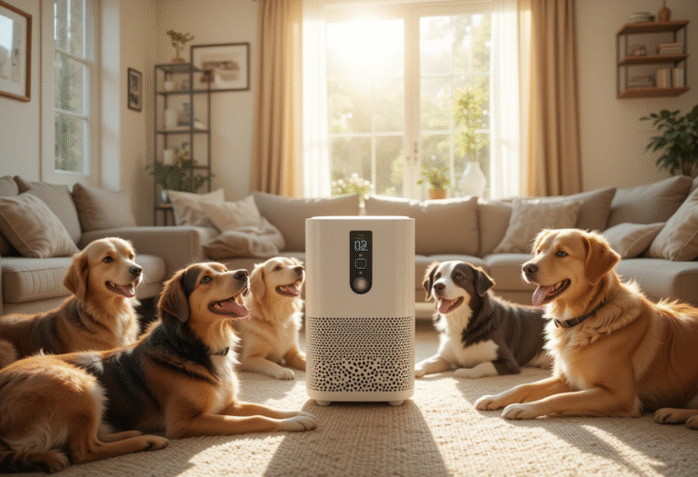 A modern living room with multiple dogs and a realistic air purifier, representing the best air purifier for homes with multiple dogs.