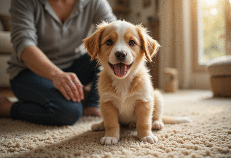 A calm puppy sitting peacefully on a carpet with its owner, showing how to stop puppy excited pee quickly.