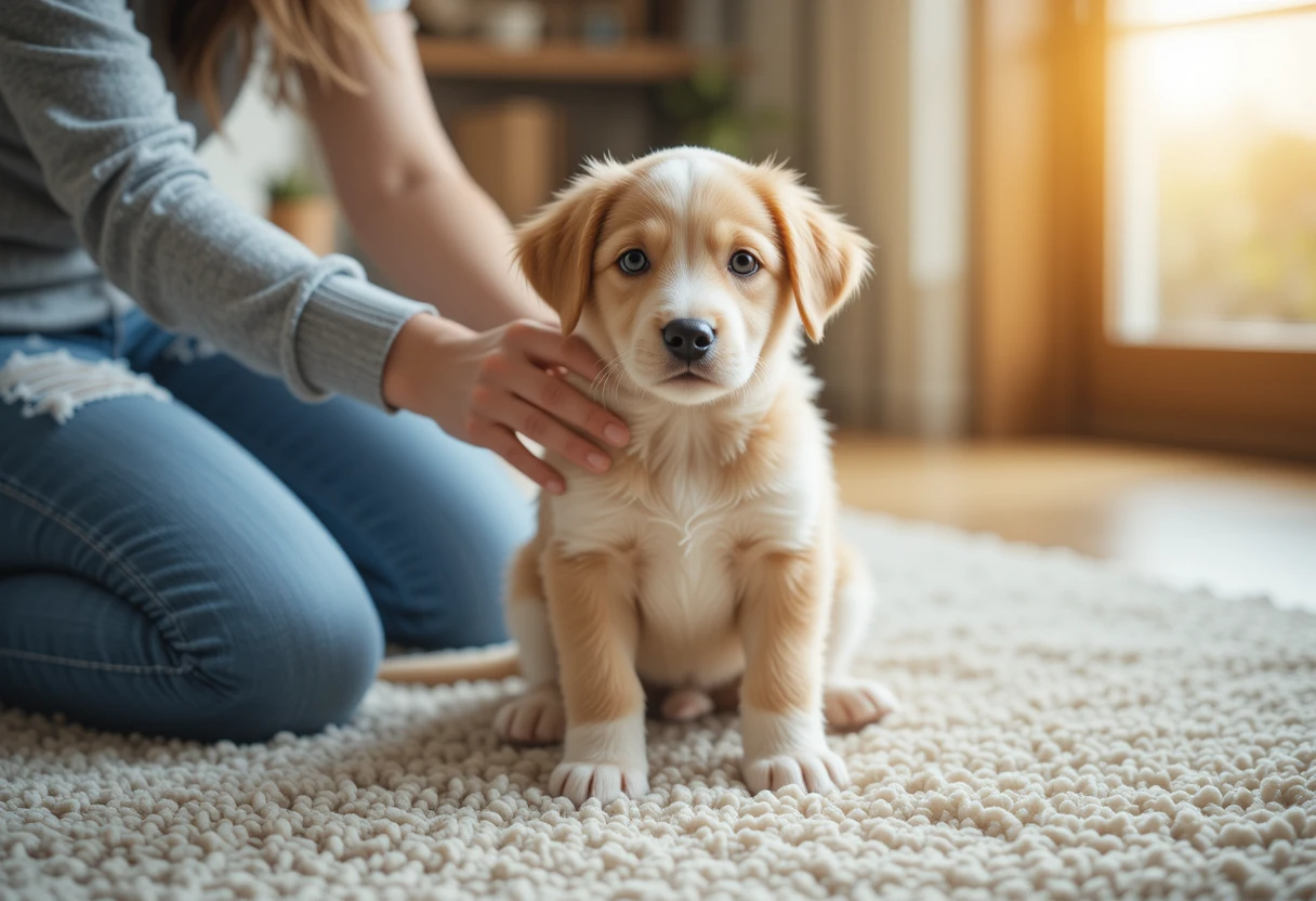 A calm puppy sitting quietly indoors with owner’s gentle touch, demonstrating how to stop puppy excited pee quickly.