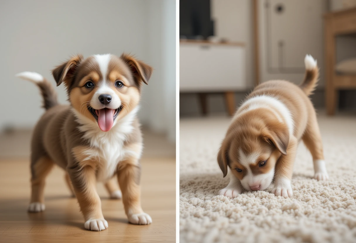 Two puppies showing different urination behaviors: one happy and excited with wagging tail, and the other submissive with head lowered and tail tucked, illustrating excitement urination vs. submissive urination.