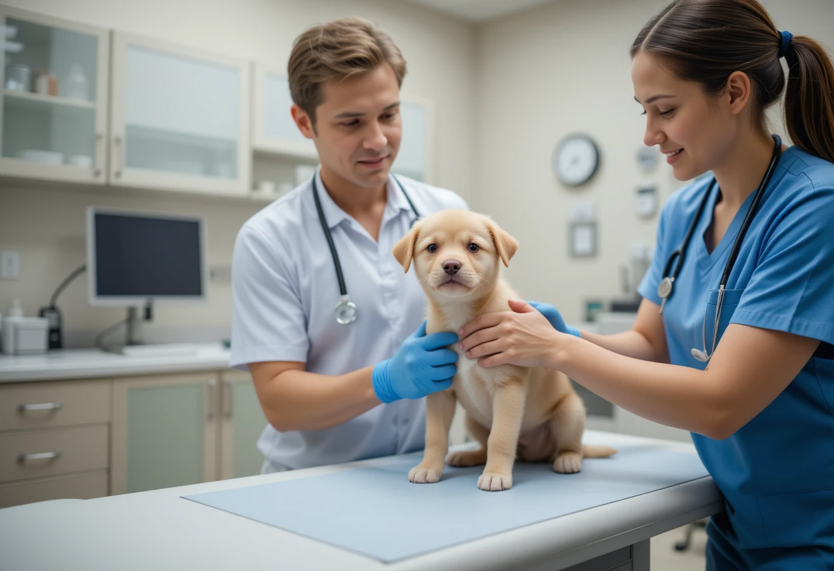 Veterinarian examining a puppy to check for medical causes of excitement urination and urinary tract infections