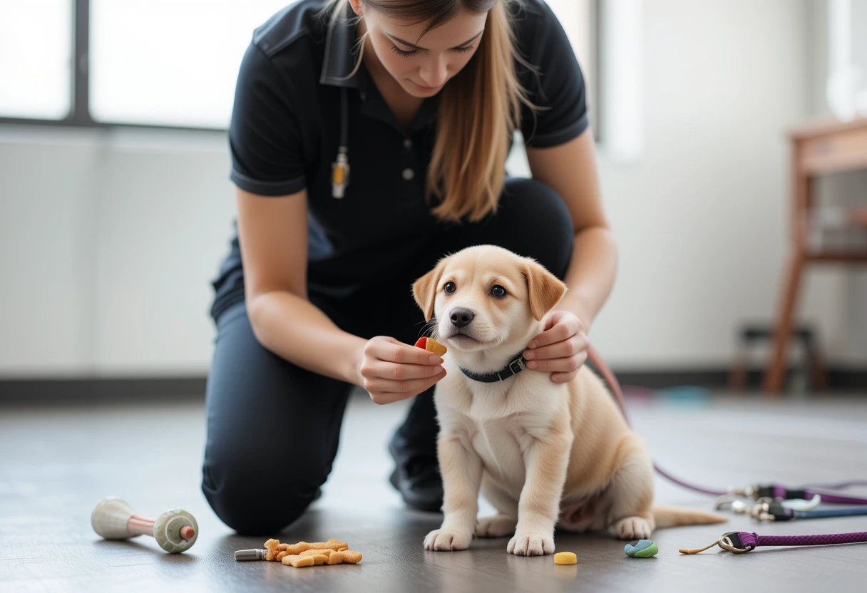 Puppy training session using desensitization and counter-conditioning techniques to manage excitement urination behavior.
