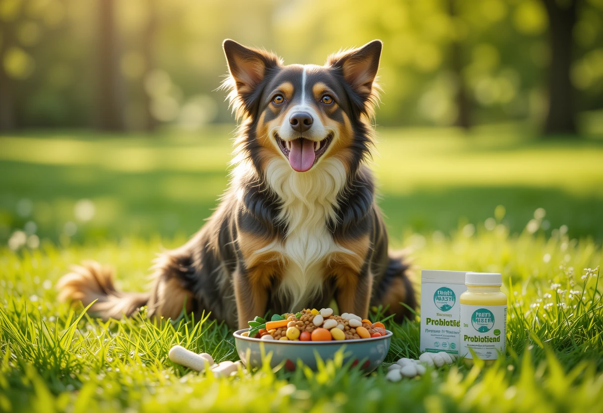 Happy dog sitting on grass with healthy coat and natural food bowl showing how to improve dog gut health naturally