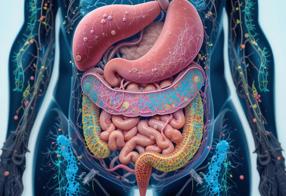 Illustration of dog digestive system showing balanced gut microbiome with good and bad bacteria