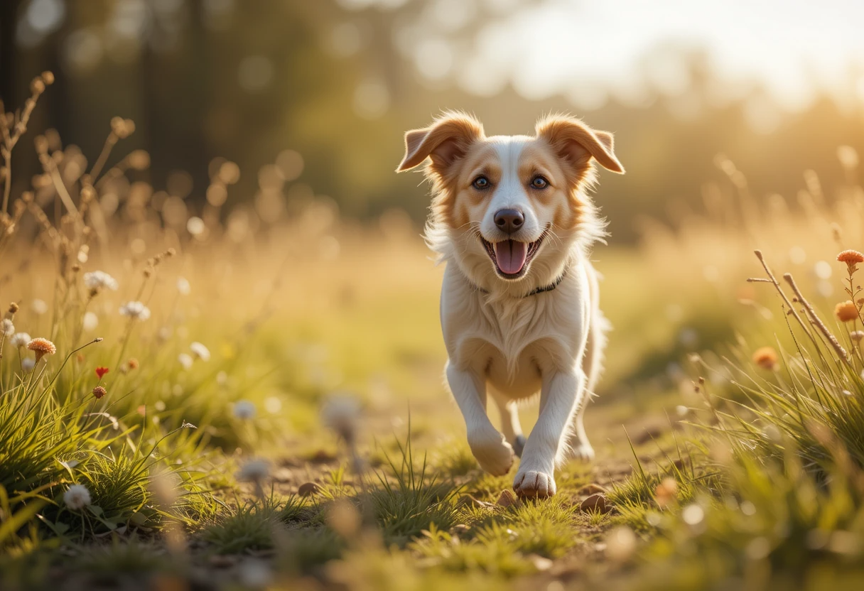 Happy dog running outdoors, representing a healthy lifestyle and good gut health