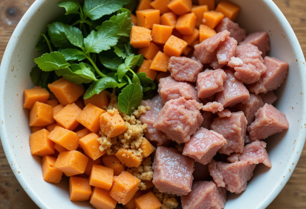 Bowl of fresh natural dog food with sweet potatoes, greens, and lean meat for gut health