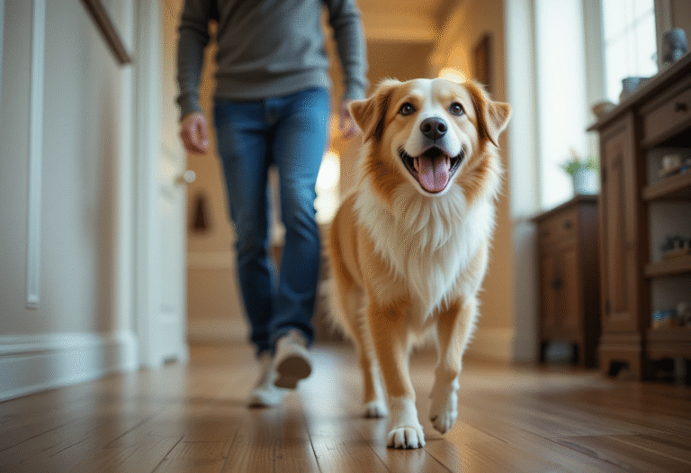 A happy dog following its owner from room to room, showing a strong bond and loyalty — why does my dog follow me everywhere?