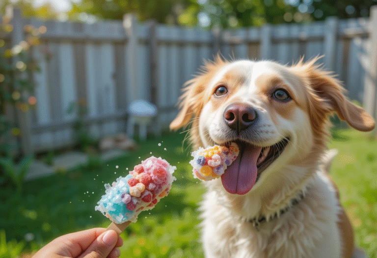Homemade frozen dog treat with fresh ingredients and a happy dog enjoying it.