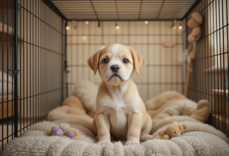 Sad puppy whining in crate, sitting inside a cozy dog crate with big, expressive eyes.