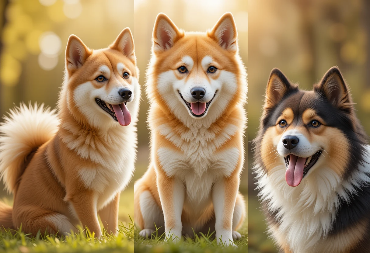 A group of popular Japanese dog breeds including Shiba Inu, Akita, and Japanese Chin sitting outdoors in natural sunlight