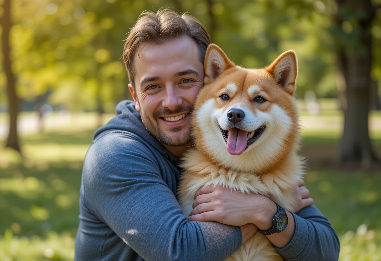 Top 10 Most Popular Japanese Dog Breeds Everyone Loves 6 Owner bonding with Shiba Inu dog in sunny park, illustrating loyalty of Japanese dog breeds
