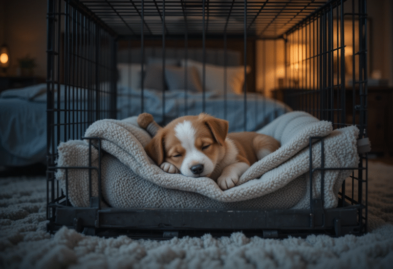 Puppy sleeping peacefully inside a cozy crate during kennel training puppy at night.
