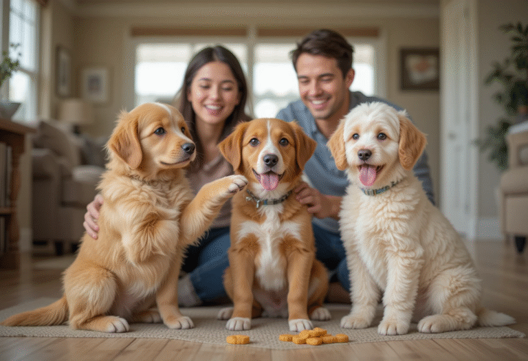Happy family training the easiest puppies to train, including golden retriever, border collie, and poodle, in a cozy home setting.