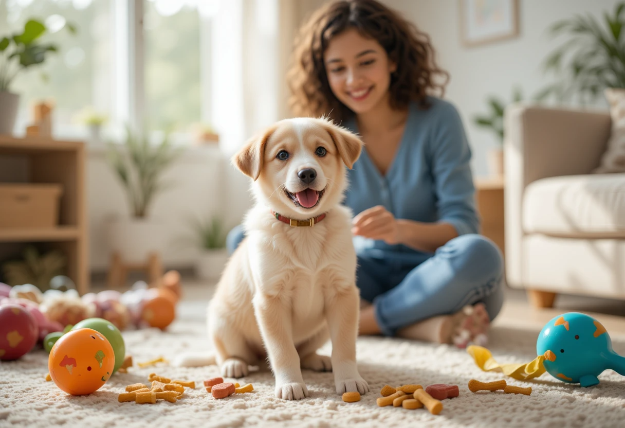 Puppy attentively learning basic commands during early training sessions in a bright, home environment.