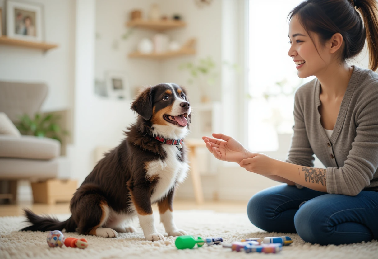 Dog owner using positive reinforcement to train a happy puppy with treats and praise at home