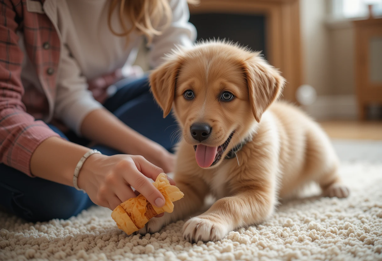 Puppy training at home with chew toys, teaching bite inhibition, and preventing destructive behavior.
