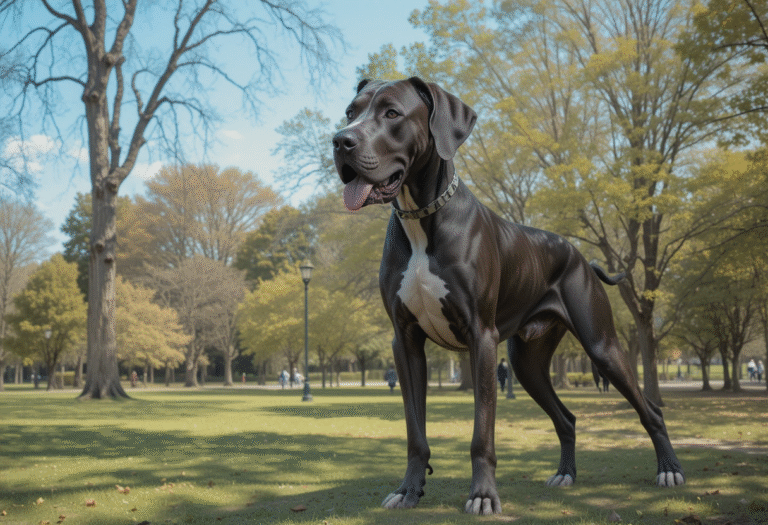 Realistic Merle Great Dane standing in a sunny park with unique mottled coat and calm expression