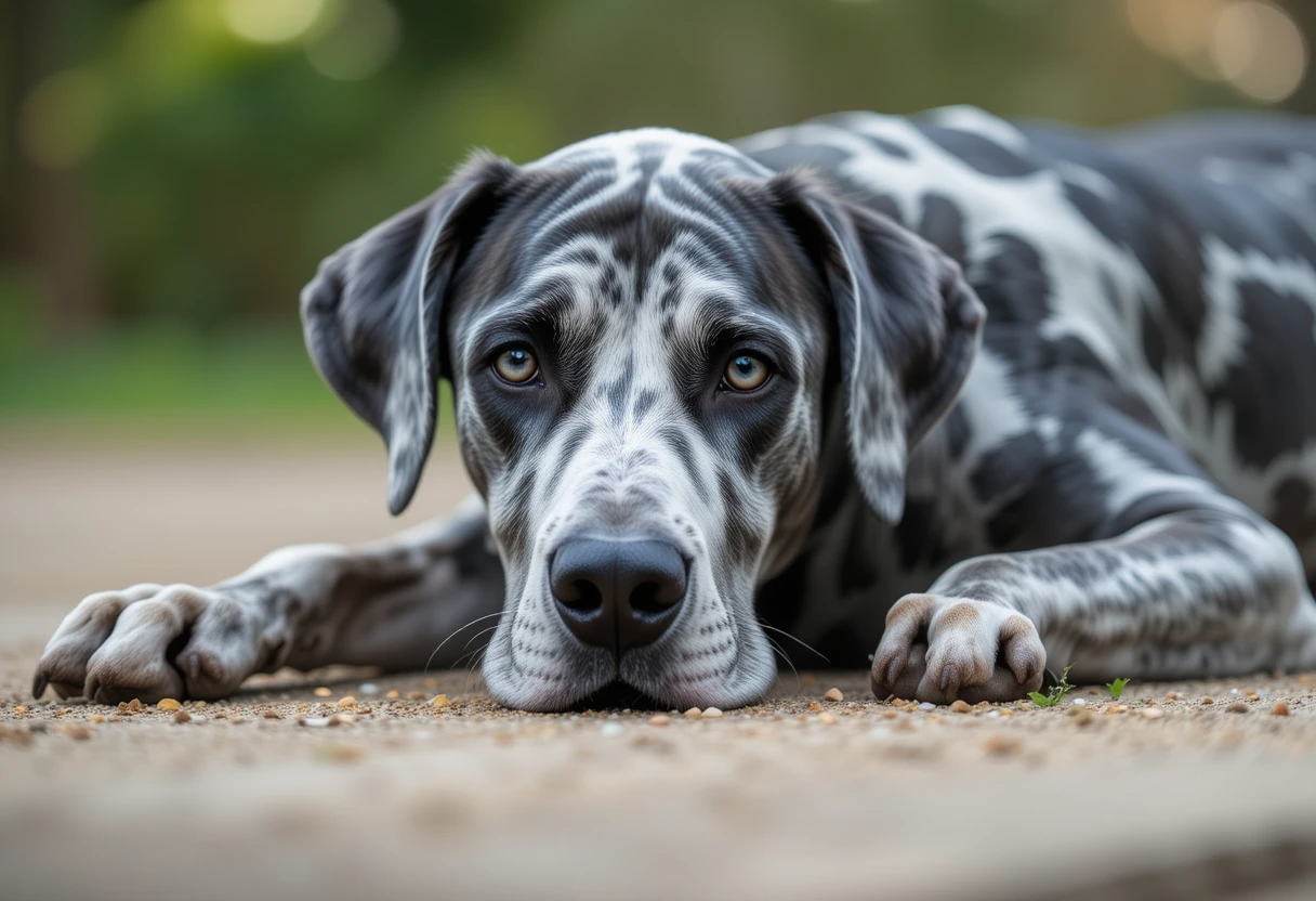 Merle Great Dane: Beautiful or Risky? Genetics, Health & Care Truths 3 Merle Great Dane with gray mottled coat and blue eyes lying down