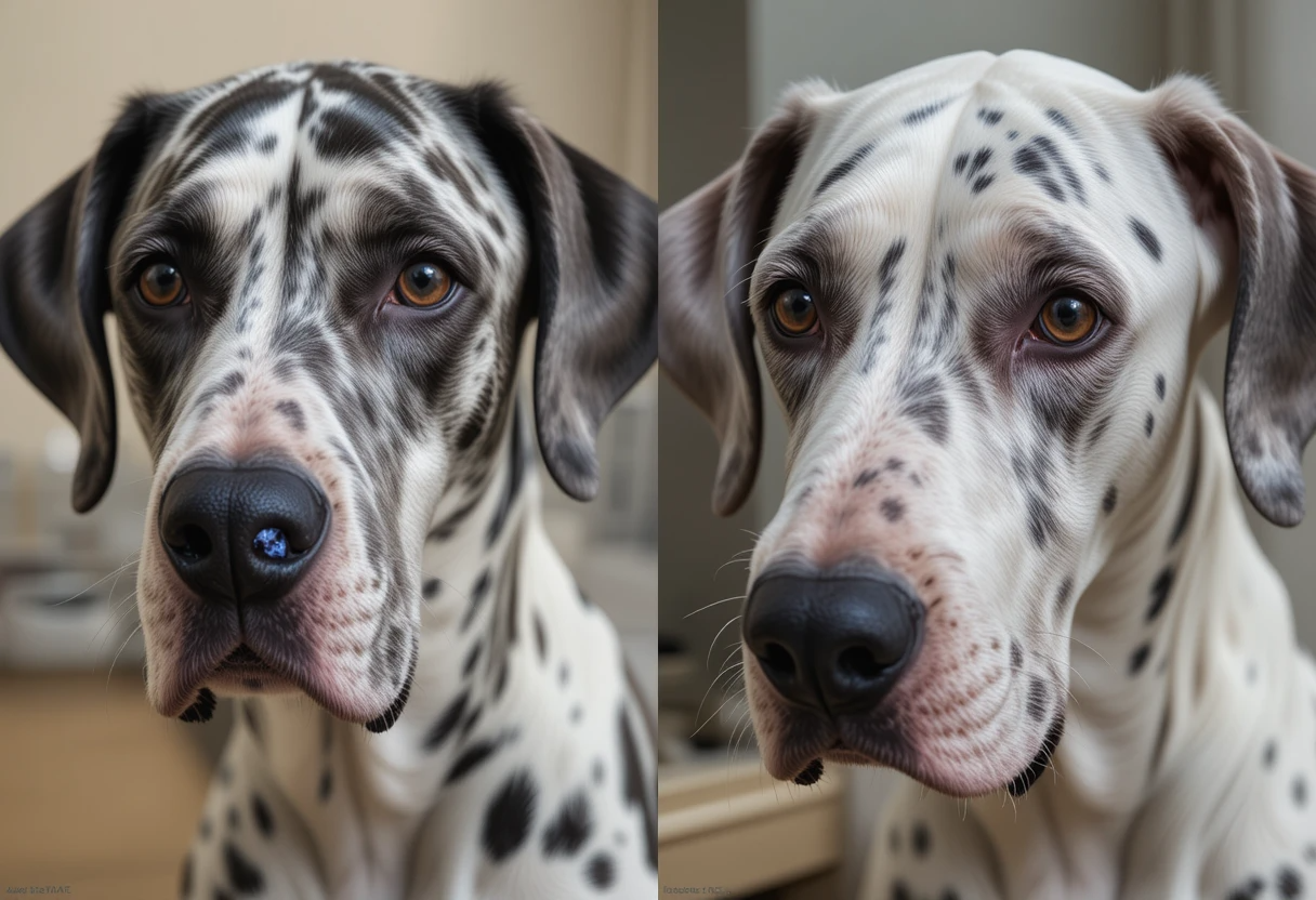 Merle Great Dane: Beautiful or Risky? Genetics, Health & Care Truths 4 Comparison of healthy Merle Great Dane and double merle with health risks