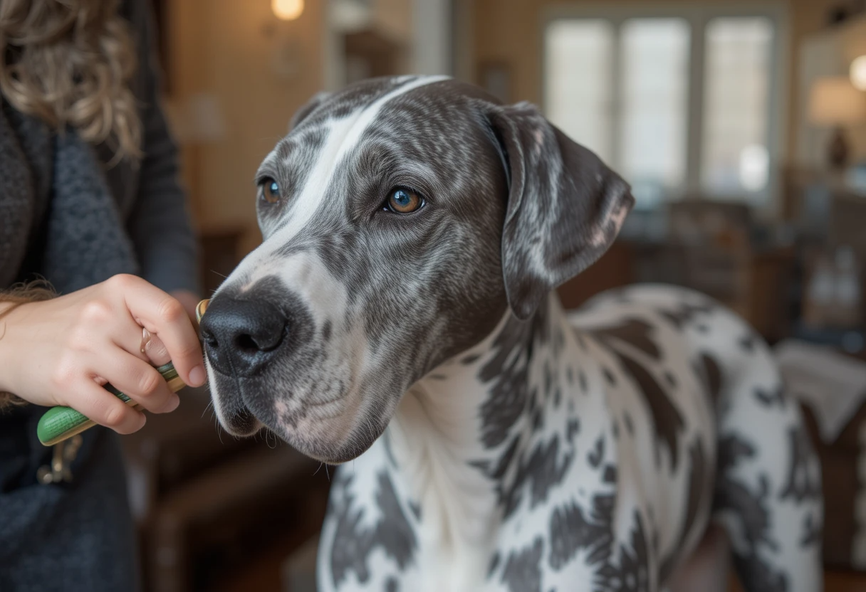 Merle Great Dane: Beautiful or Risky? Genetics, Health & Care Truths 5 Owner brushing Merle Great Dane's coat with rubber curry brush
